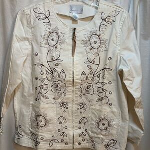 Susan Graver Cream Jean Jacket with Floral Embroidery